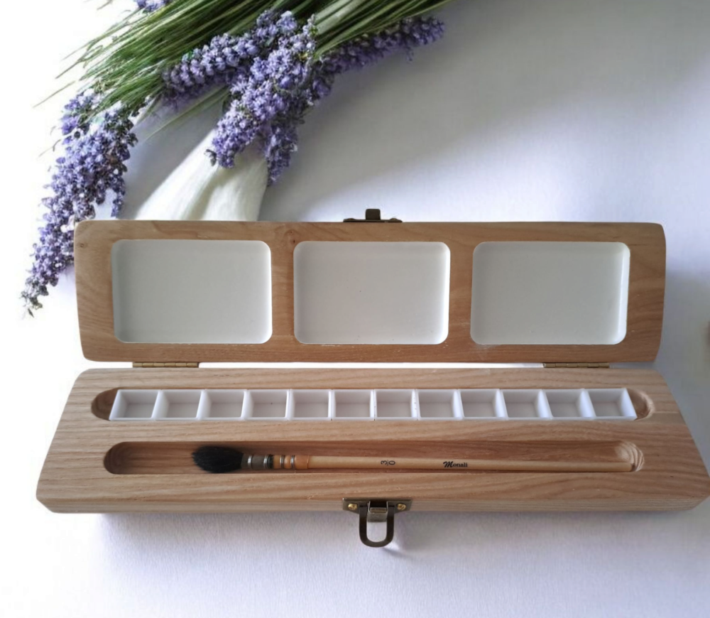 COFFRET EN BOIS AQUARELLE 12 DEMI GODETS ECO RESPONSABLE